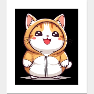 Orange Kawaii Cat in Hoodie Posters and Art